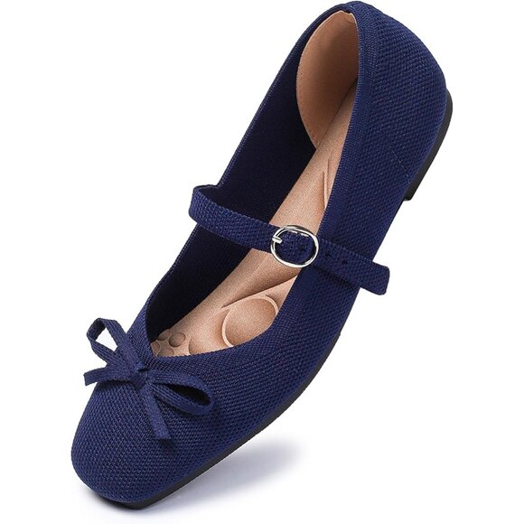 Women Dark Blue Fabric Upper And Rubber Sole Ballet Flats With Ankle Strap - Picture 4 of 7